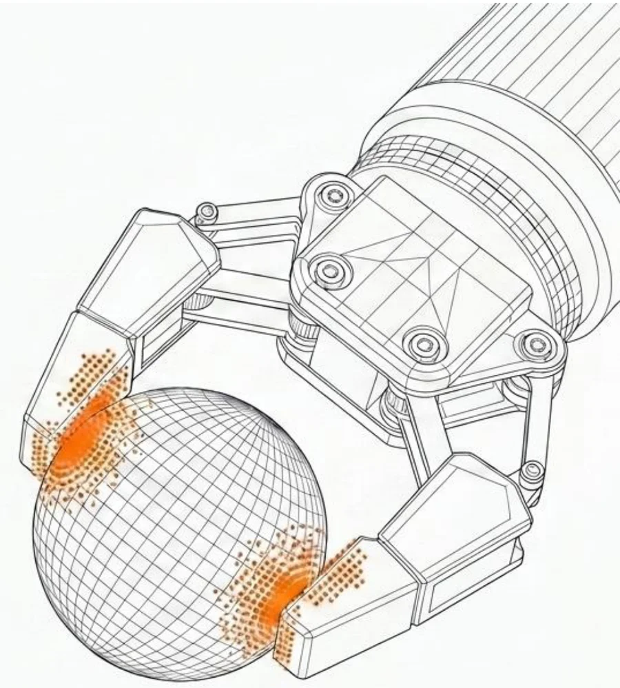 Illustrazione concettuale di una pinza robotica che afferra una sfera, con le aree di contatto evidenziate in arancione.